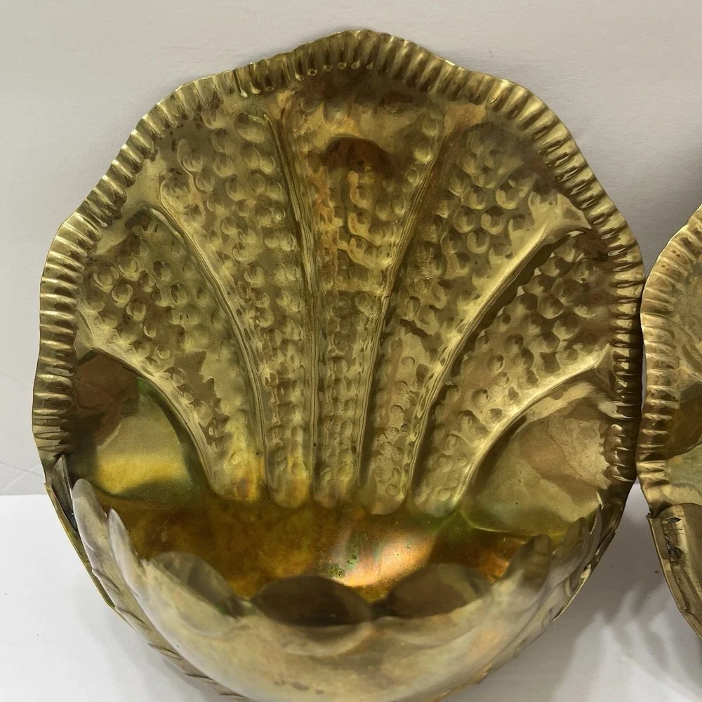 Vintage Solid Brass Wall Pockets Set Of 2 Hollywood Regency Polished Shell 6.5